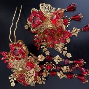 Wedding Gold Butterfly Red flower Hair Accessories